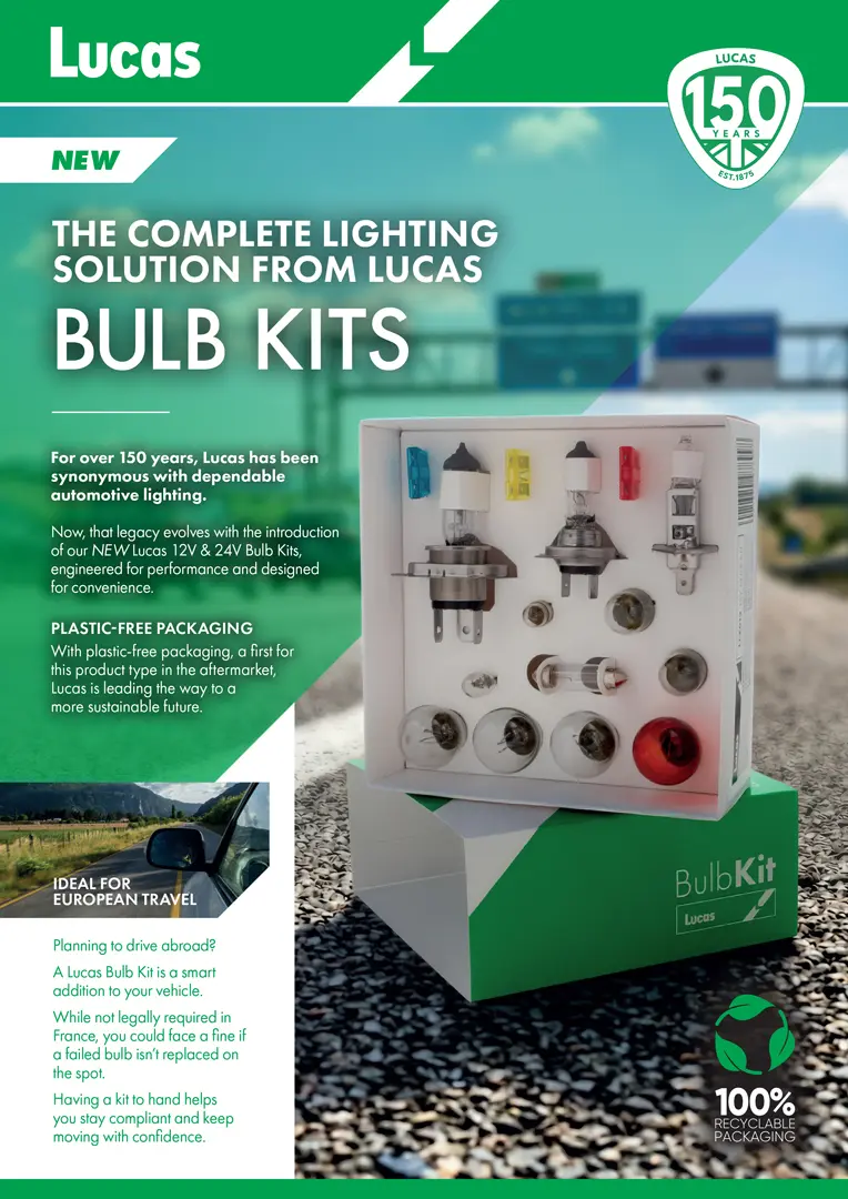 The image is a promotional leaflet for Lucas automotive lighting products, specifically Lucas Bulb Kits. The layout uses a green and white color scheme with Lucas branding elements throughout.