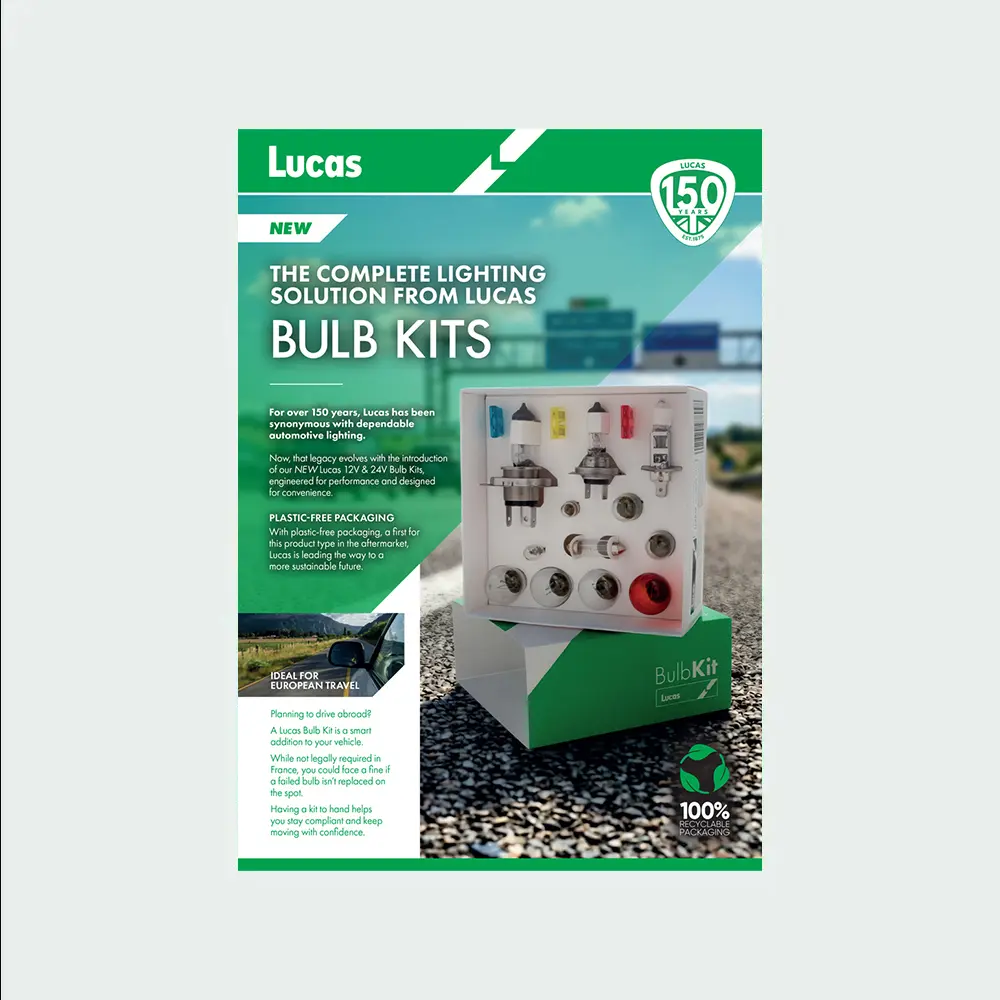 The image is a promotional leaflet for Lucas automotive lighting products, specifically Lucas Bulb Kits. The layout uses a green and white color scheme with Lucas branding elements throughout.