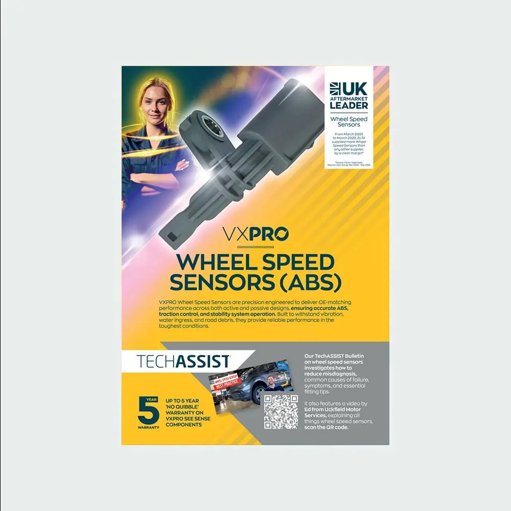 A VXPRO promotional leaflet for wheel speed sensors (ABS), showing a large sensor component, branding, technical messaging, and supporting graphics.