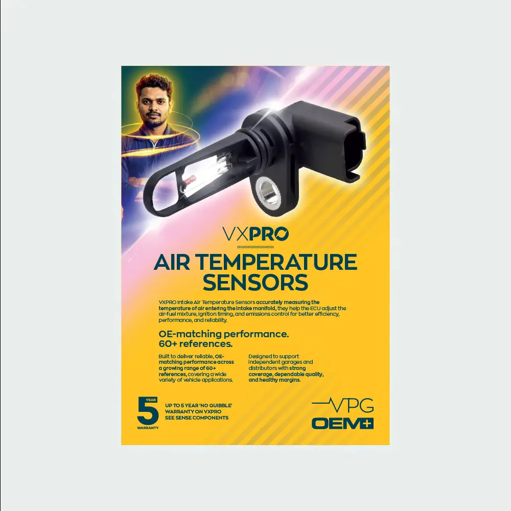 A VXPRO promotional leaflet for air temperature sensors, featuring a large sensor component image, technical product messaging, warranty information, and VXPRO branding.