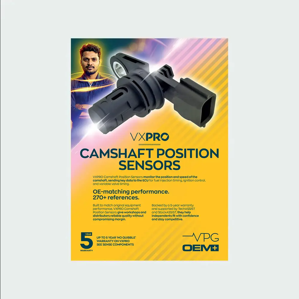 A VXPRO promotional leaflet for camshaft position sensors, featuring a large sensor component image, technical performance highlights, and warranty information.
