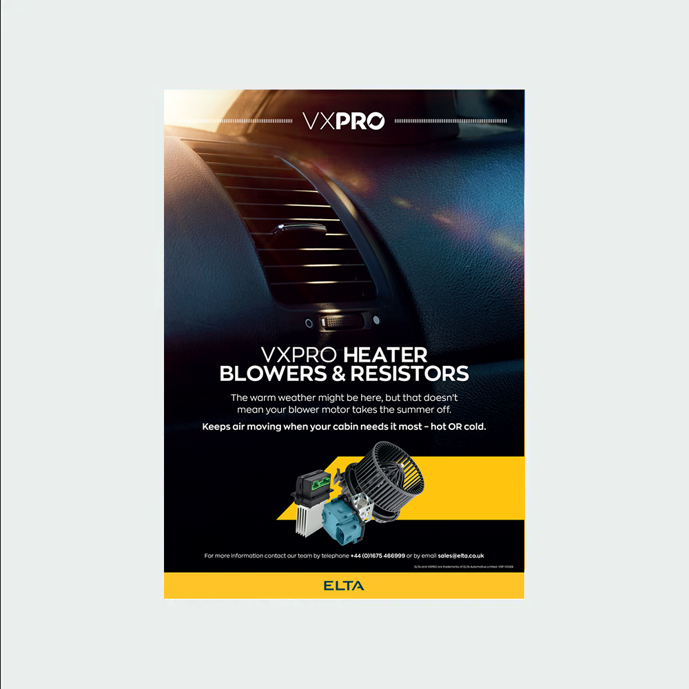 A VXPRO winter‑focused promotional poster for heater blowers and resistors, showing a fogged vehicle windscreen with hand‑written text and product images.