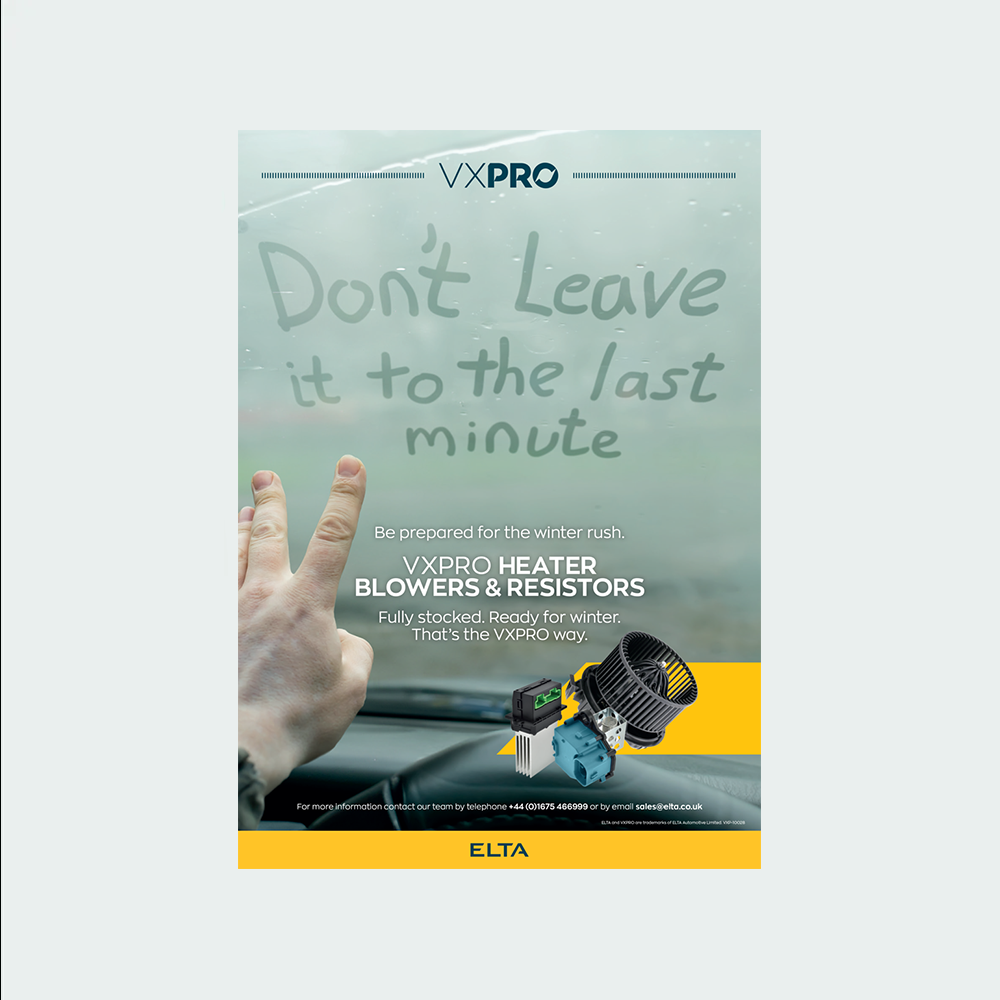 A VXPRO winter‑focused promotional poster for heater blowers and resistors, showing a fogged vehicle windscreen with hand‑written text and product images.