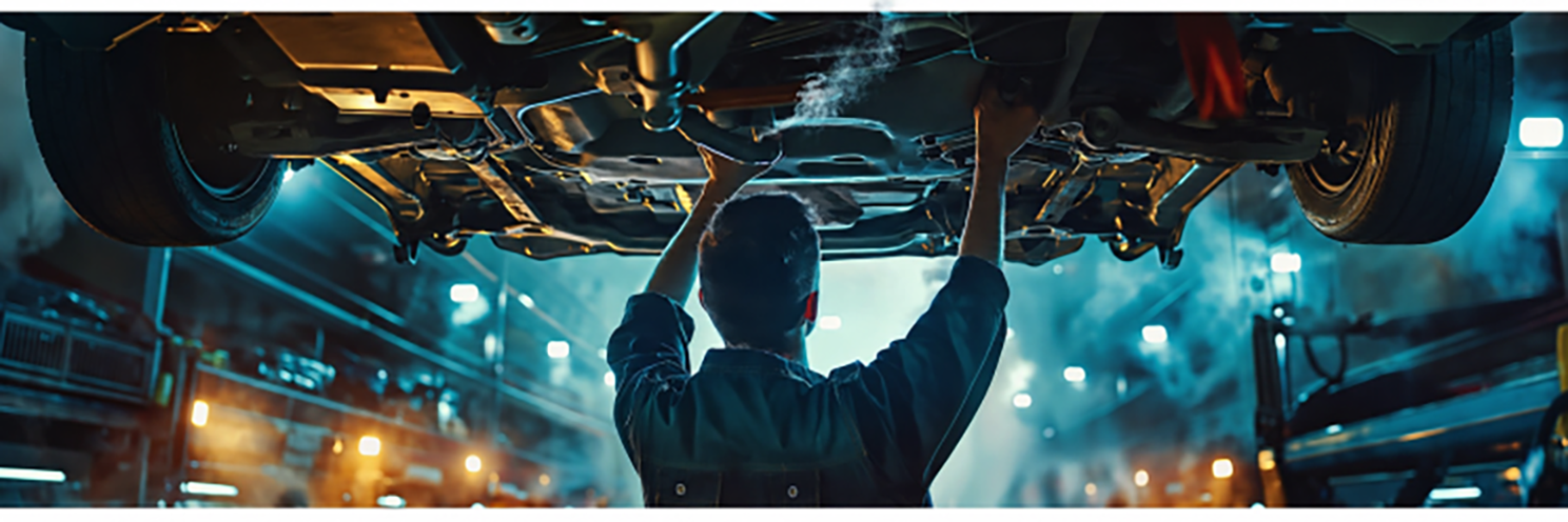 A technician working underneath a raised vehicle in a garage, reaching up to inspect components on the car’s underside.