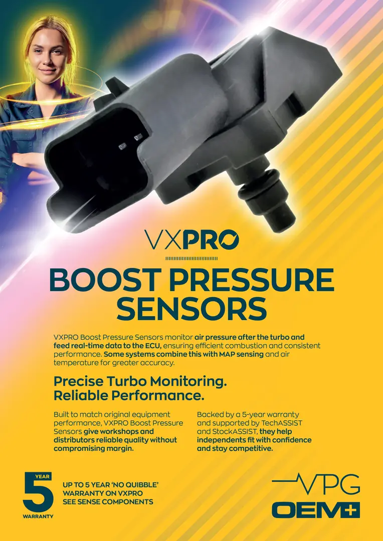 A VXPRO promotional graphic for boost pressure sensors featuring a large sensor image, product text, and branding on a yellow background.