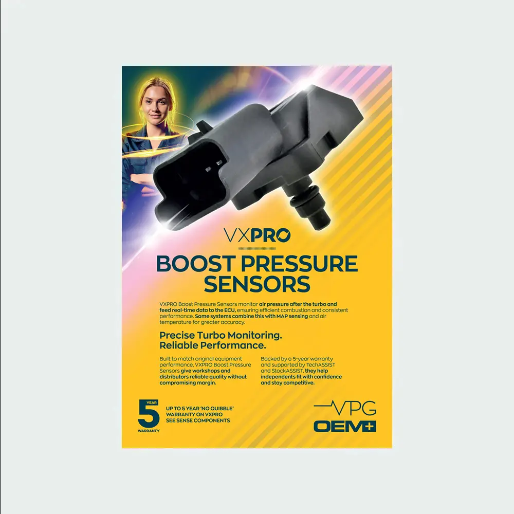 A VXPRO promotional graphic for boost pressure sensors featuring a large sensor image, product text, and branding on a yellow background.