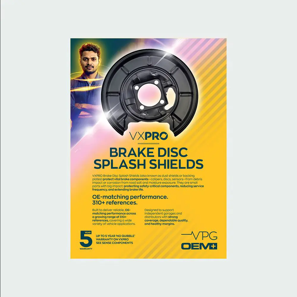A VXPRO promotional leaflet for brake disc splash shields, featuring a large circular metal shield component, product information, and branding on a yellow background.