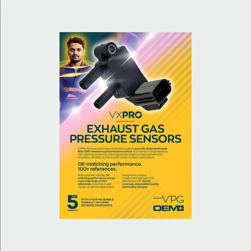 A VXPRO promotional graphic for exhaust gas pressure sensors, featuring a large sensor image, product information, and branding on a yellow background.