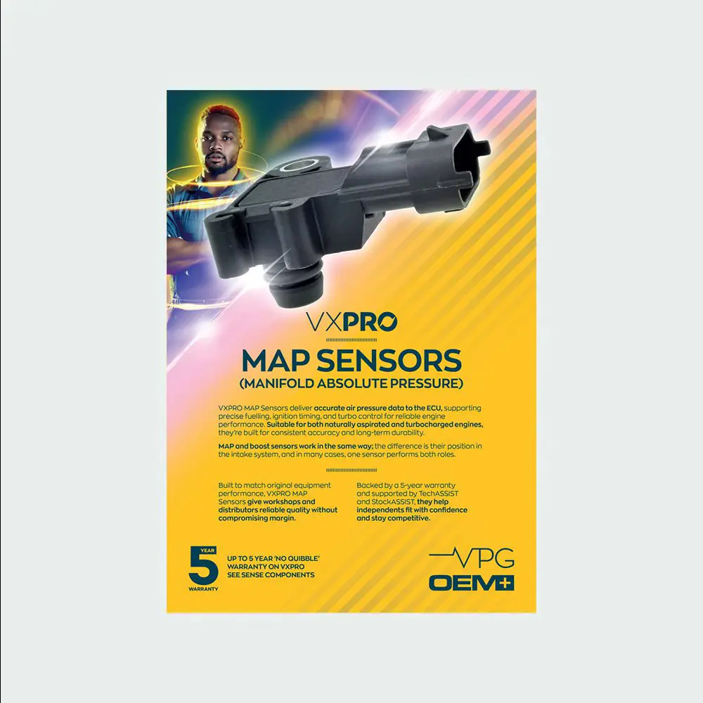 A VXPRO promotional graphic for MAP sensors (manifold absolute pressure), featuring a large sensor image, product information, and branding on a yellow background.