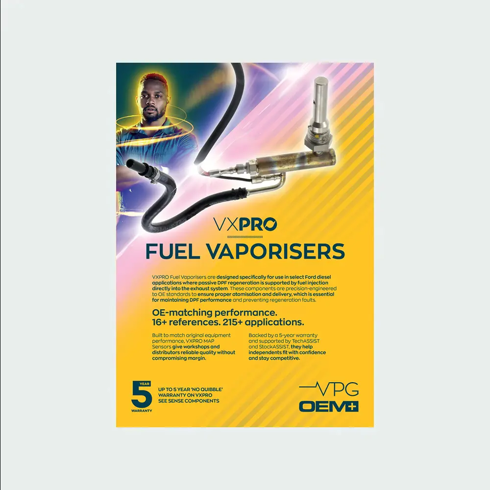 A VXPRO promotional leaflet for fuel vaporisers, featuring a fuel system component with pipes and sensor fittings, product information, and branding on a yellow background.