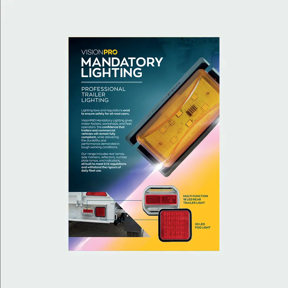 A VisionPRO promotional leaflet for mandatory trailer lighting, featuring an amber side marker light, product information, and supporting images of trailer lights.