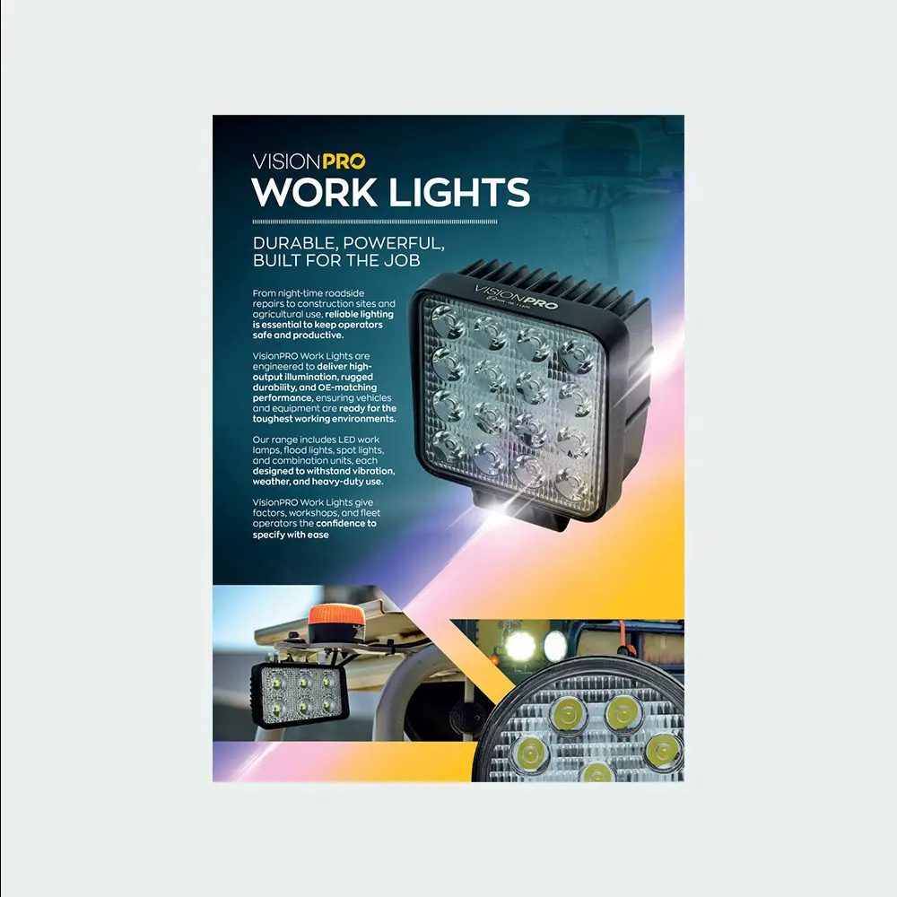 A VisionPRO promotional leaflet for work lights, featuring a square LED work light unit, product information, and supporting images of lighting in use.