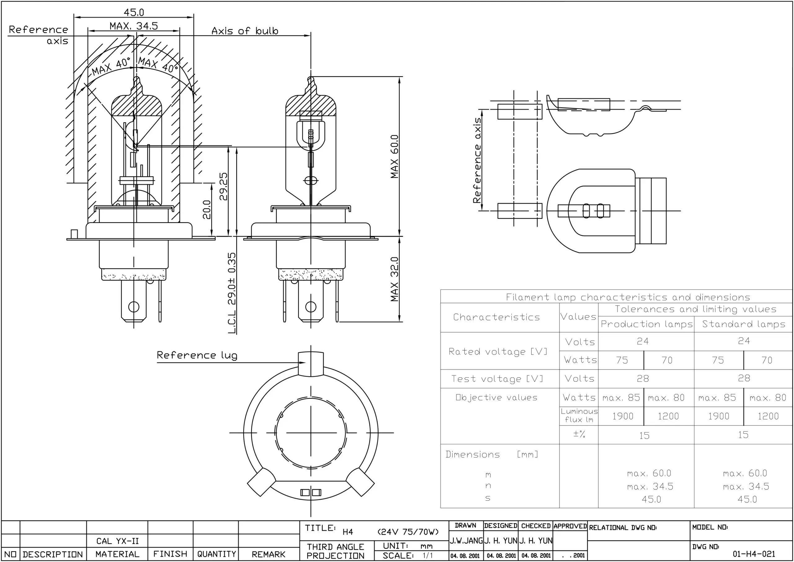 A detailed technical drawing of an automotive bulb.