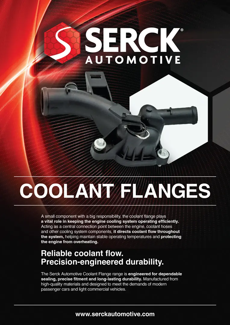 A Serck Automotive promotional leaflet for coolant flanges, featuring a coolant flange component, product information, and branding on a red and black background.