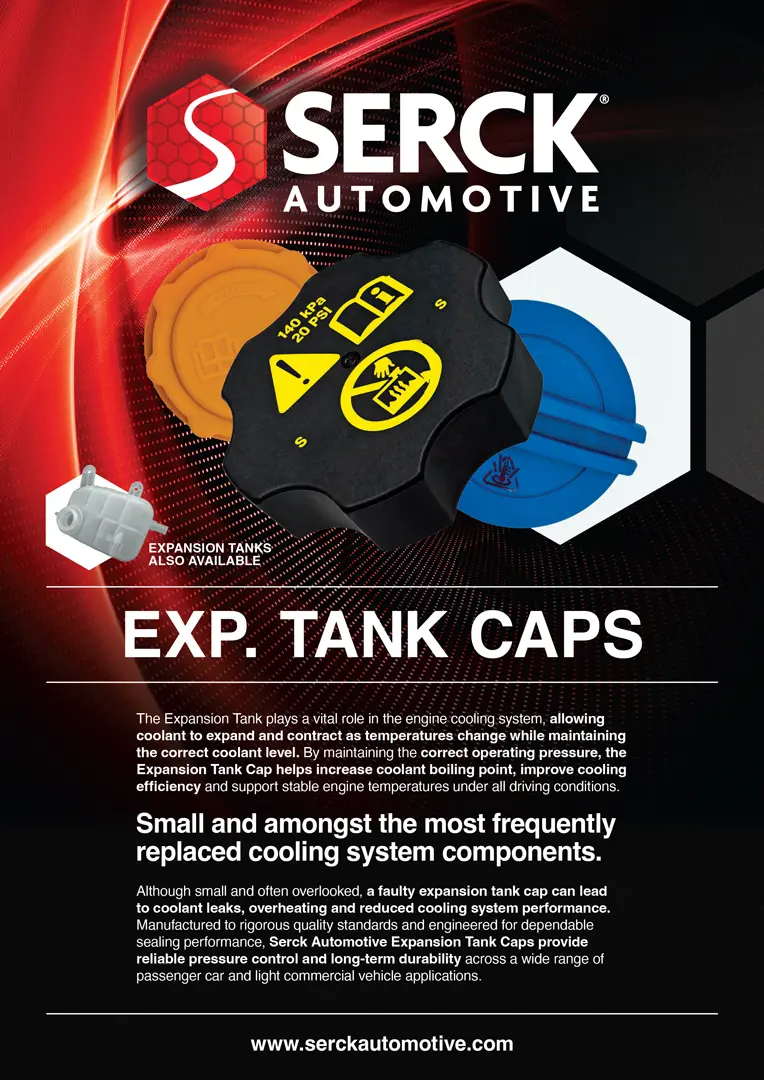 A Serck Automotive promotional leaflet for expansion tank caps, featuring three coolant reservoir cap designs, product information, and branding on a red and black background.