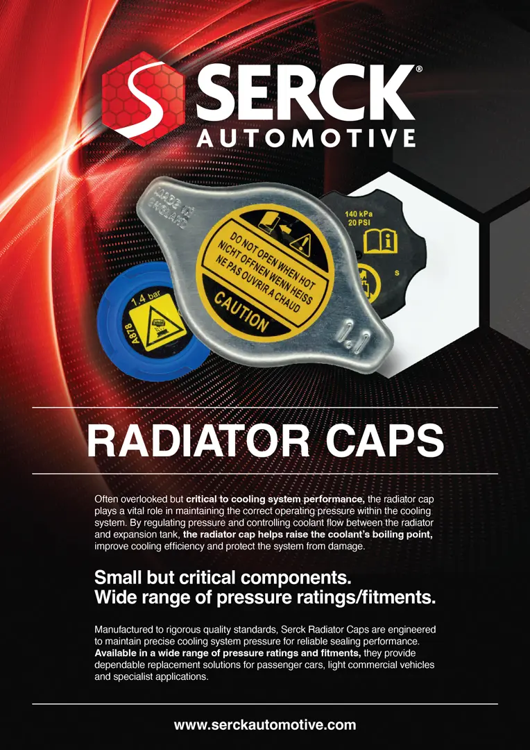 A Serck Automotive promotional leaflet for radiator caps, featuring several radiator cap designs, product information, and branding on a red and black background.