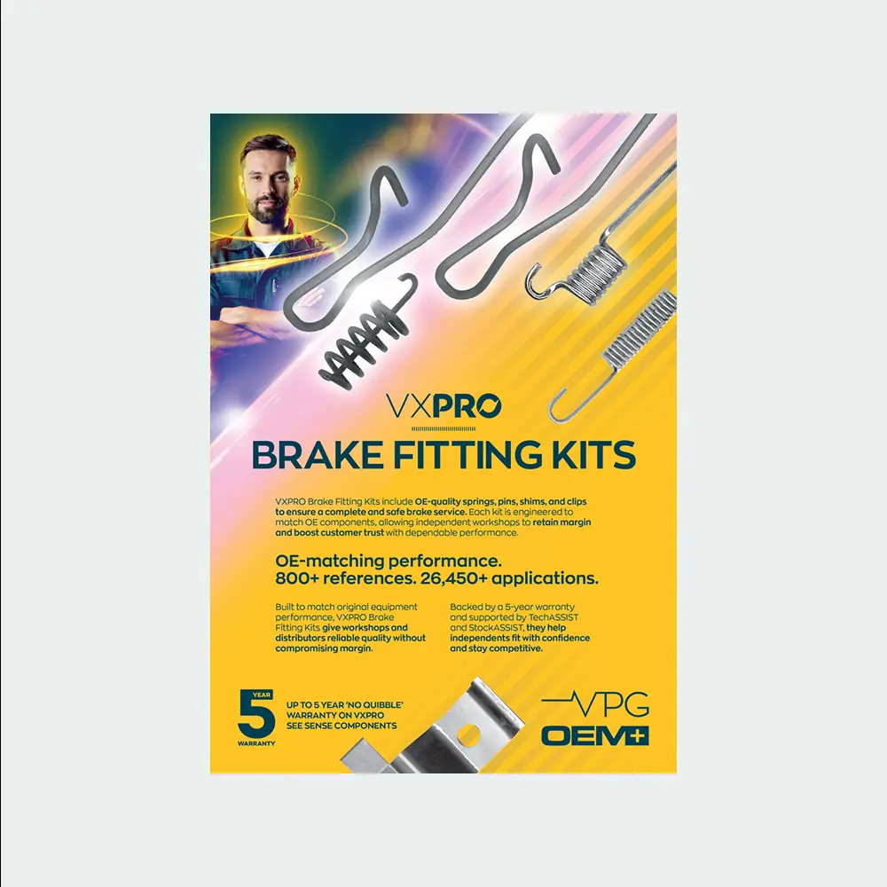 A VXPRO promotional leaflet for brake fitting kits, featuring springs and clips, product details, and branding on a yellow gradient background.