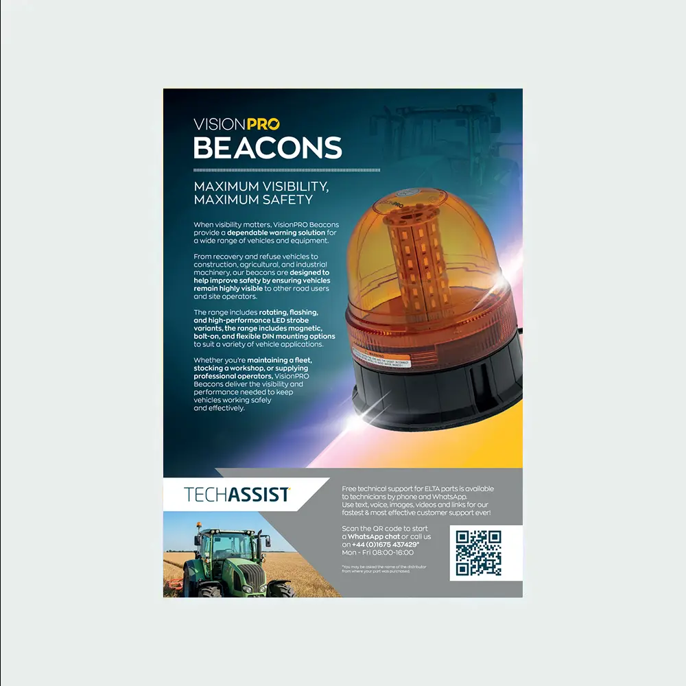 A VisionPRO promotional leaflet for vehicle beacons, featuring a large amber LED beacon light, product information, and branding on a blue and yellow background.