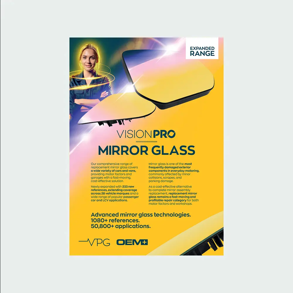 A VisionPRO promotional leaflet for mirror glass, featuring two replacement mirror glass panels, expanded range messaging, and product information on a yellow and gradient background.