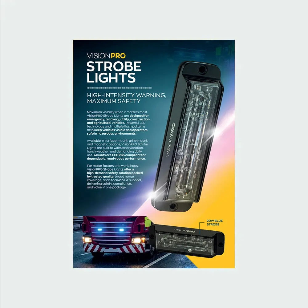 A VisionPRO promotional leaflet for strobe lights, featuring a large rectangular LED strobe unit, product information, and emergency vehicle imagery.