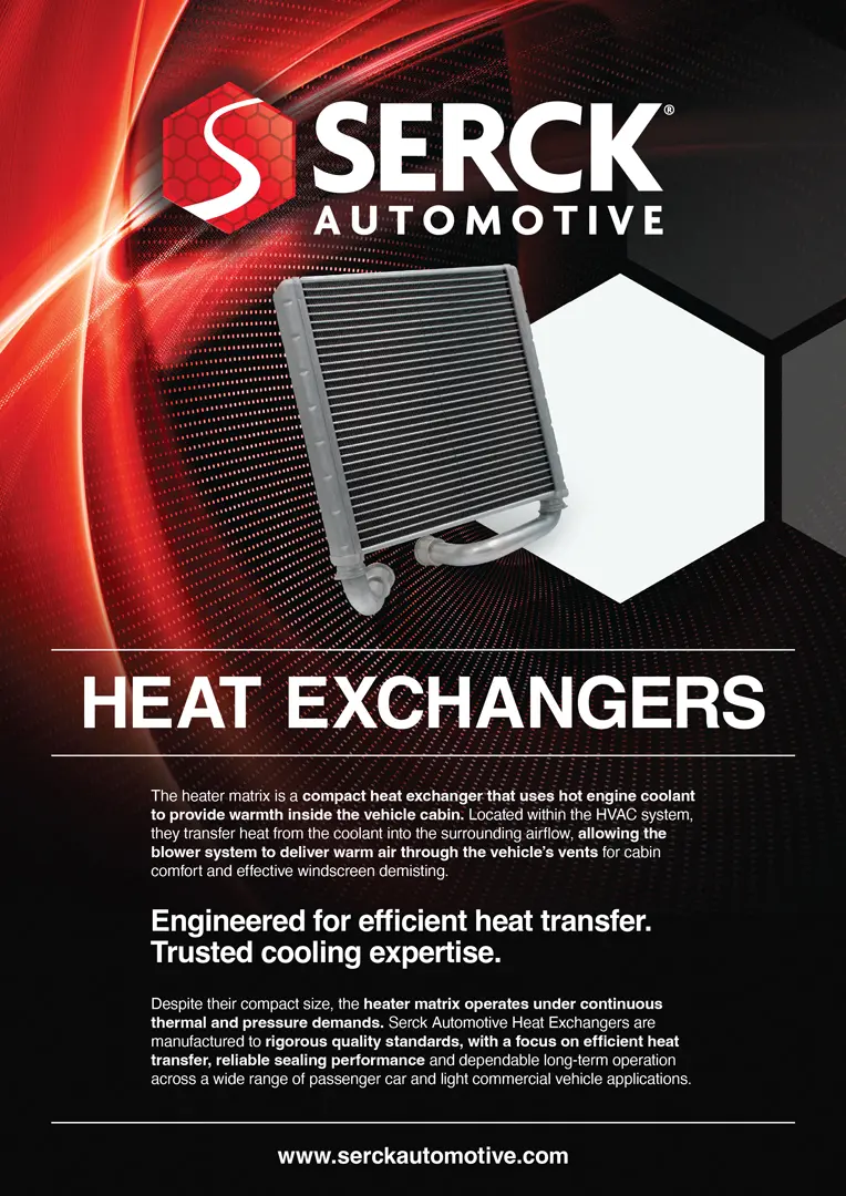 A Serck Automotive promotional leaflet for heat exchangers, featuring a heater matrix component, product information, and branding on a red and black background.