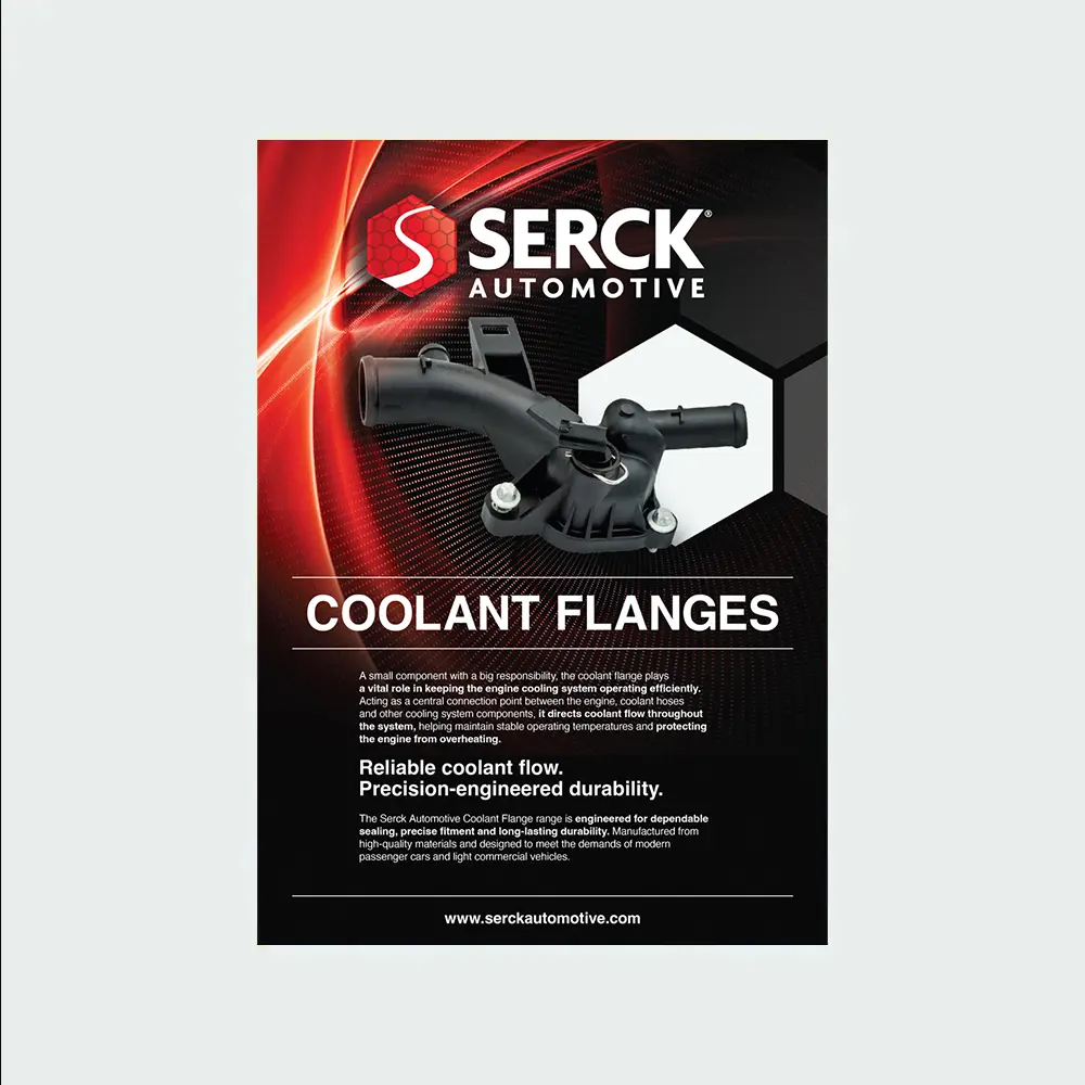A Serck Automotive promotional leaflet for coolant flanges, featuring a coolant flange component, product information, and branding on a red and black background.