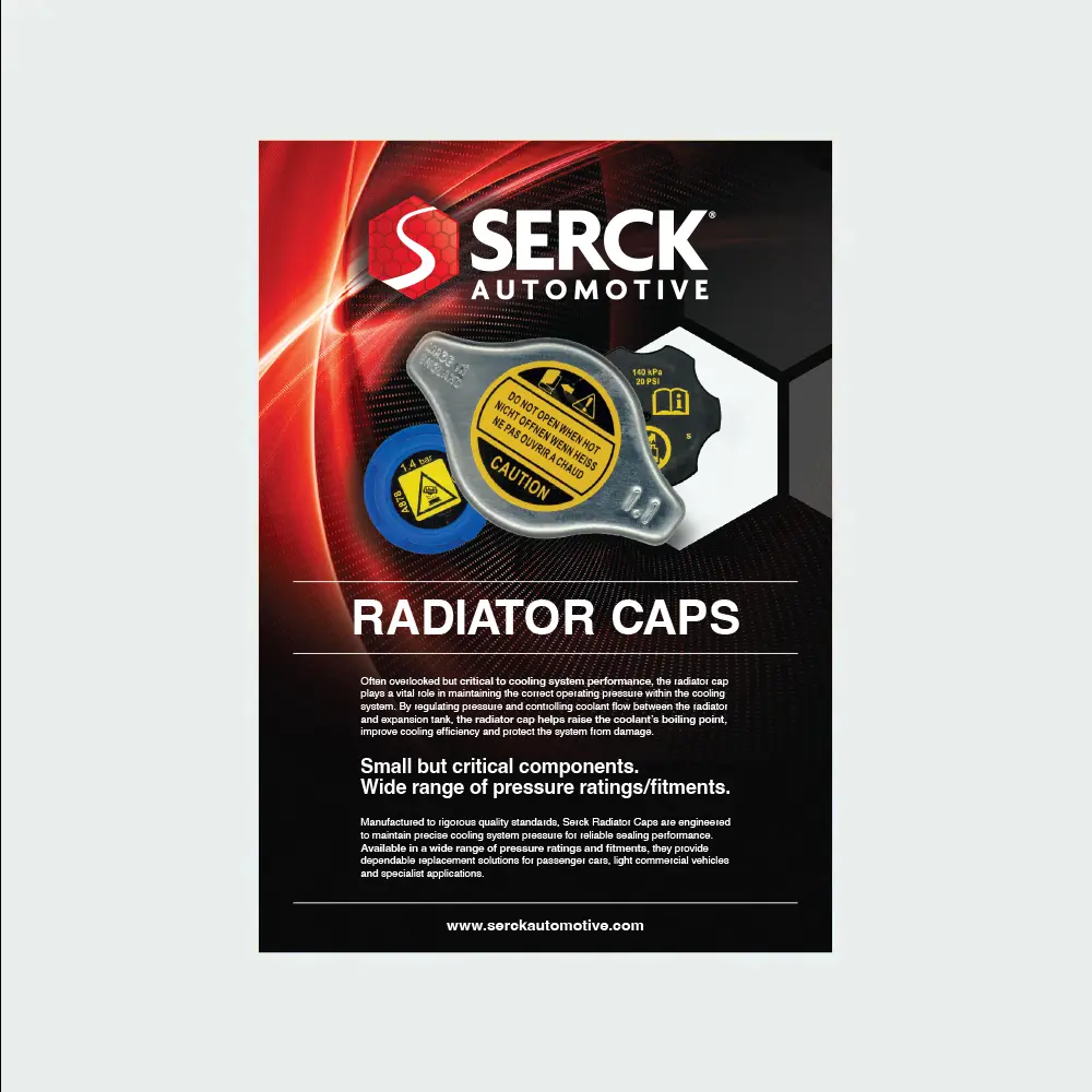 A Serck Automotive promotional leaflet for radiator caps, featuring several radiator cap designs, product information, and branding on a red and black background.
