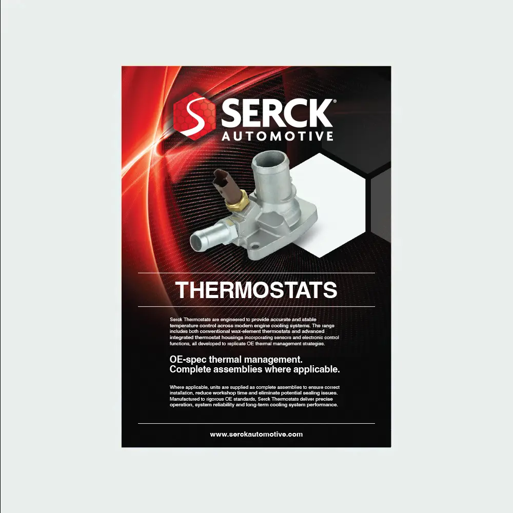 A Serck Automotive promotional leaflet for thermostats, featuring a thermostat housing assembly, product information, and branding on a red and black background.