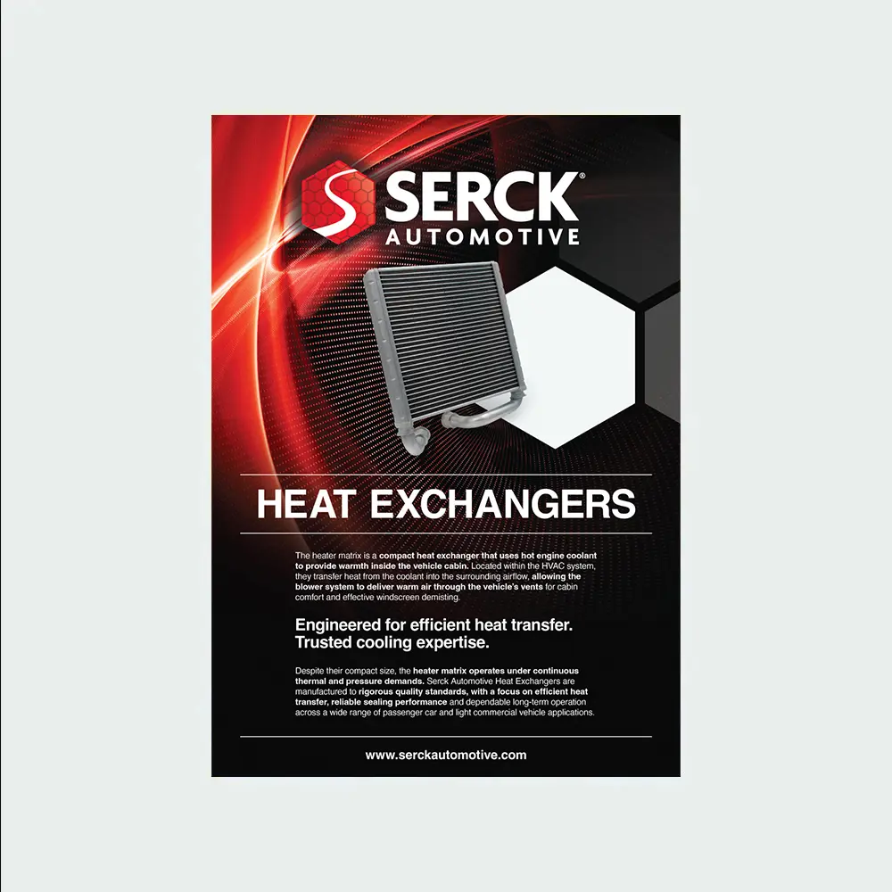 A Serck Automotive promotional leaflet for heat exchangers, featuring a heater matrix component, product information, and branding on a red and black background.
