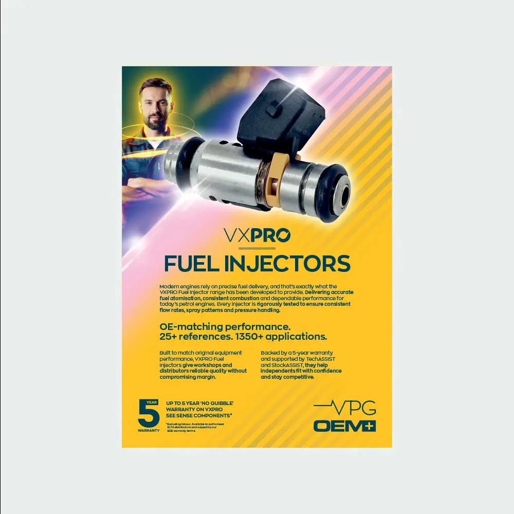 A VXPRO promotional leaflet for fuel injectors, featuring a large fuel injector image, product information, and branding on a yellow gradient background.