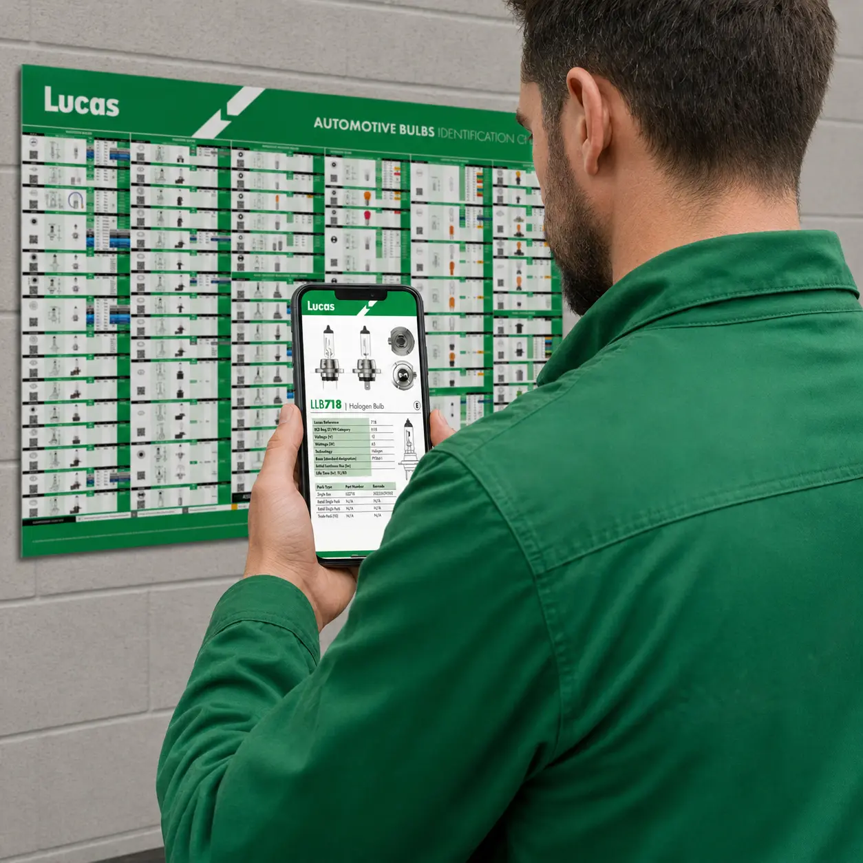 Mechanic Scanning the Lucas Bulb Wall Chart 
