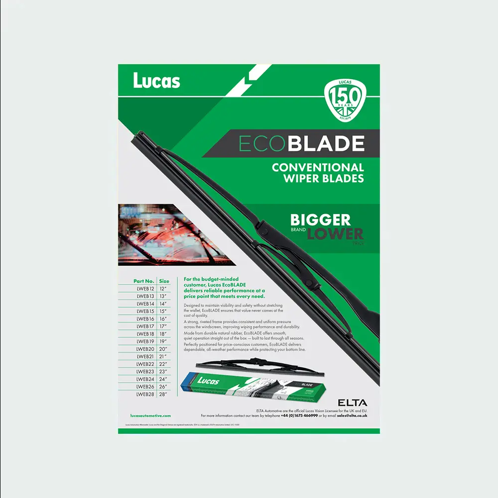 A Lucas EcoBLADE promotional leaflet for conventional wiper blades, featuring a large wiper blade image, product sizes, and branding on a green background.