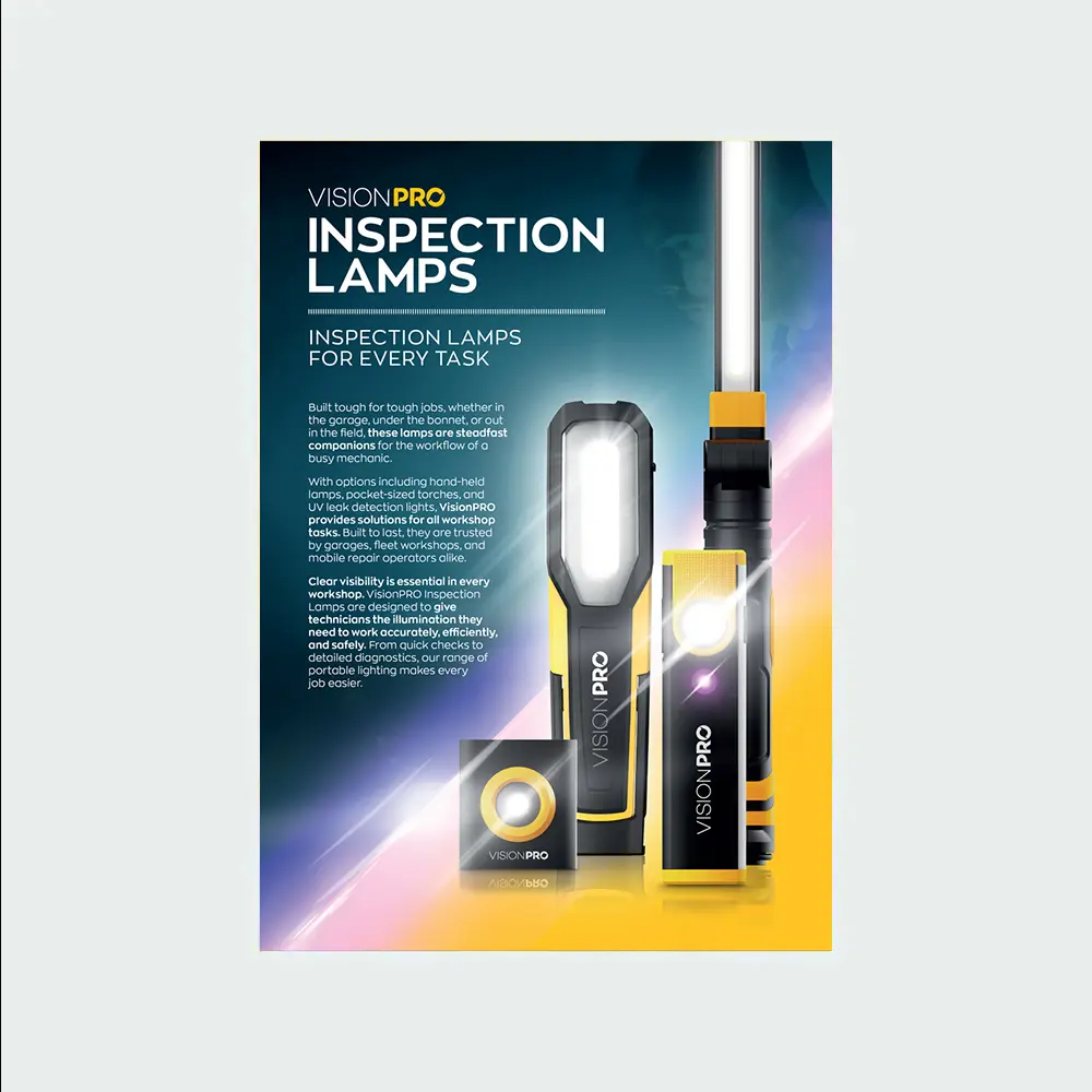 A VisionPRO promotional leaflet for inspection lamps, featuring handheld work lights, product information, and branding on a blue and yellow background.
