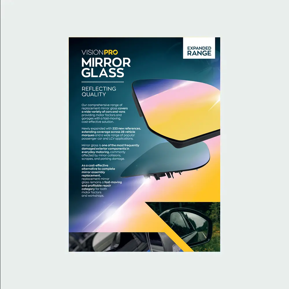 A VisionPRO promotional leaflet for mirror glass, featuring replacement mirror glass panels, expanded range messaging, and automotive imagery.