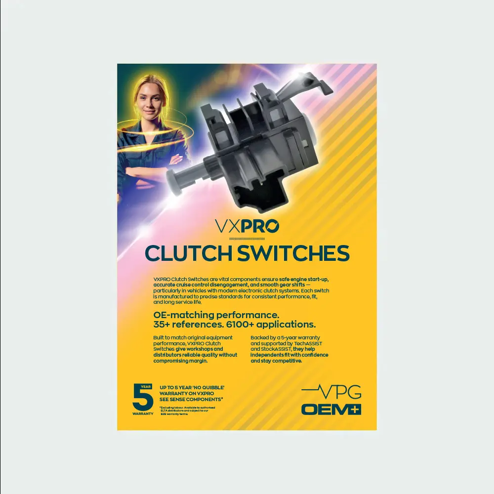 A VXPRO promotional leaflet for clutch switches, featuring a large clutch switch component, product information, and branding on a yellow gradient background.