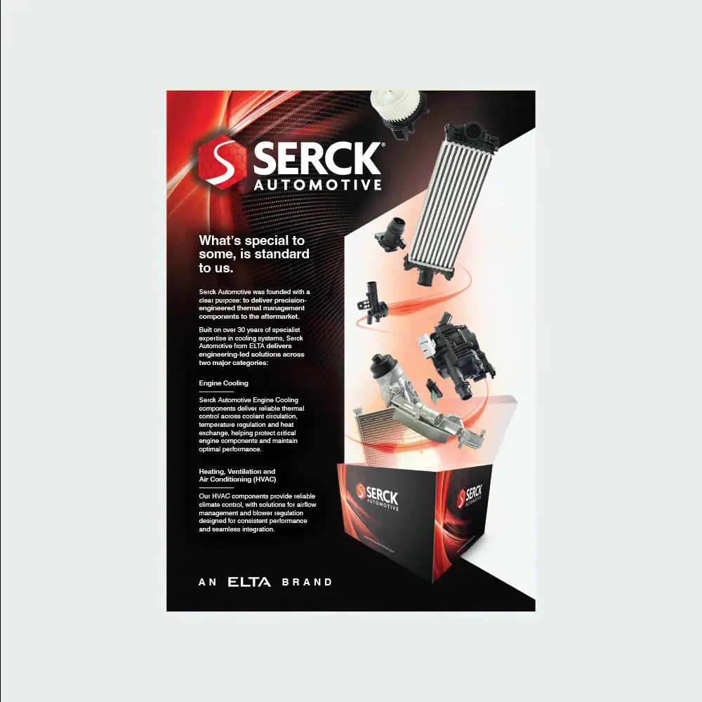 A Serck Automotive promotional leaflet featuring a range of engine cooling and HVAC components emerging from a branded display box.