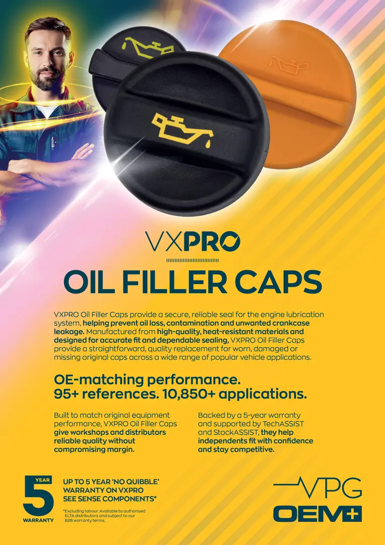 A VXPRO promotional leaflet for oil filler caps, featuring three oil cap designs, product information, and branding on a yellow gradient background.
