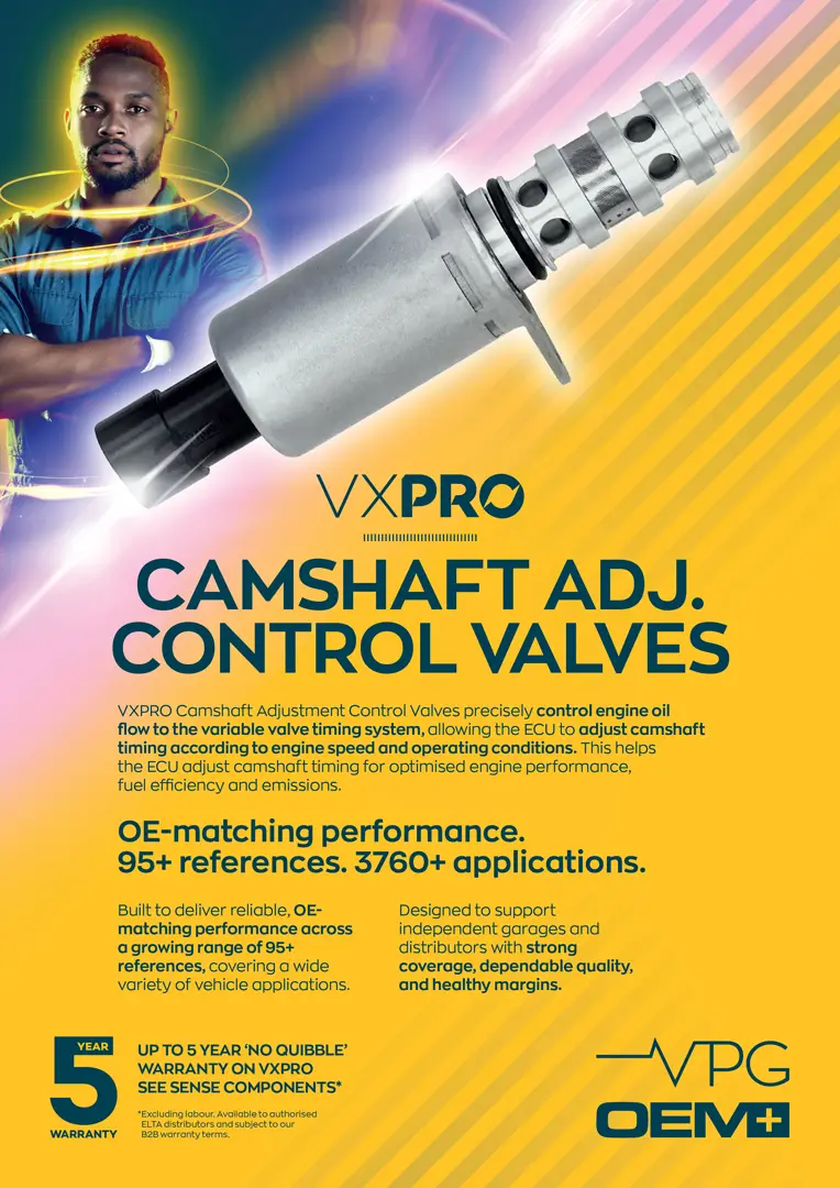 A VXPRO promotional leaflet for camshaft adjustment control valves, featuring a large valve component, product information, and branding on a yellow gradient background.