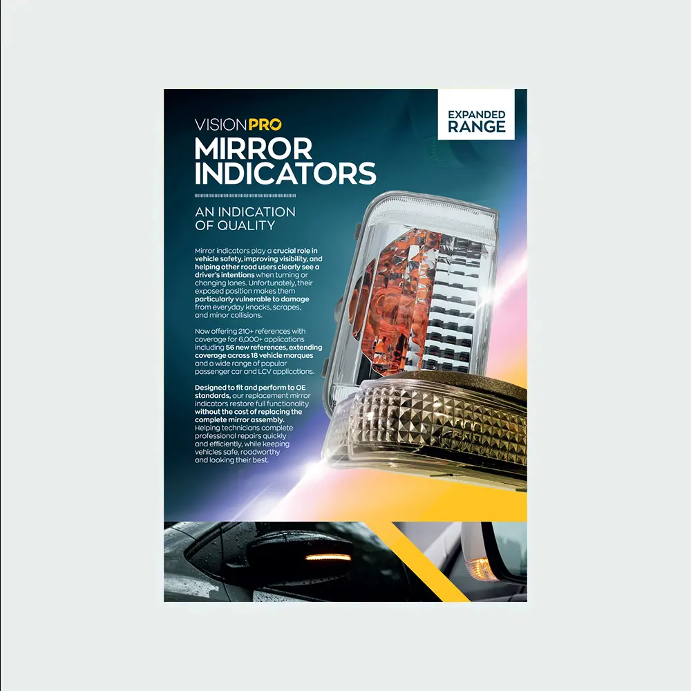 A VisionPRO promotional leaflet for mirror indicators, featuring two replacement indicator units, expanded range information, and examples fitted to vehicle mirrors.