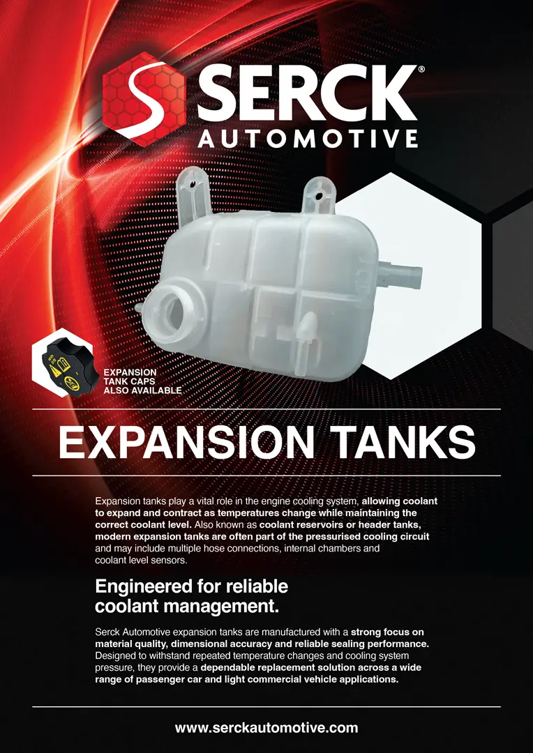 A Serck Automotive promotional leaflet for expansion tanks, featuring a coolant expansion tank component, product information, and branding on a red and black background.