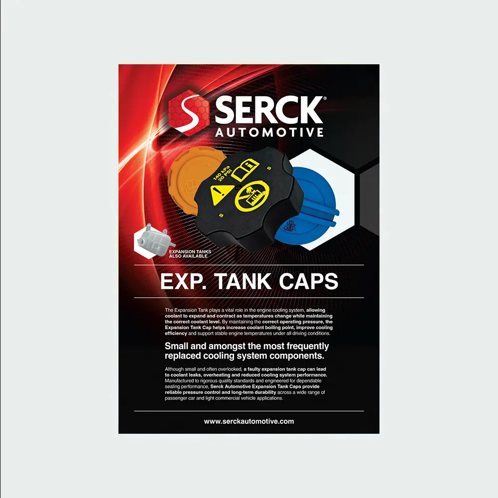 A Serck Automotive promotional leaflet for expansion tank caps, featuring three coolant reservoir cap designs, product information, and branding on a red and black background.