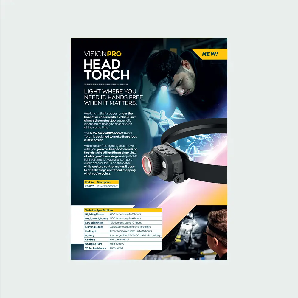 A VisionPRO promotional leaflet for a rechargeable head torch, featuring a head-mounted LED light, product specifications, and workshop inspection imagery.