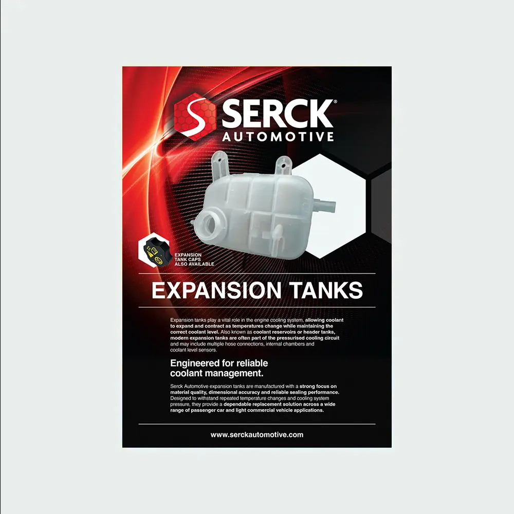 A Serck Automotive promotional leaflet for expansion tanks, featuring a coolant expansion tank component, product information, and branding on a red and black background.